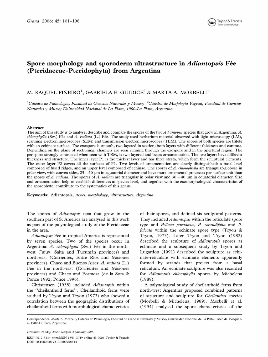 Spore Morphology and Sporoderm Ultrastructure in Adiantopsis Fe´E (Pteridaceae-Pteridophyta) from Argentina