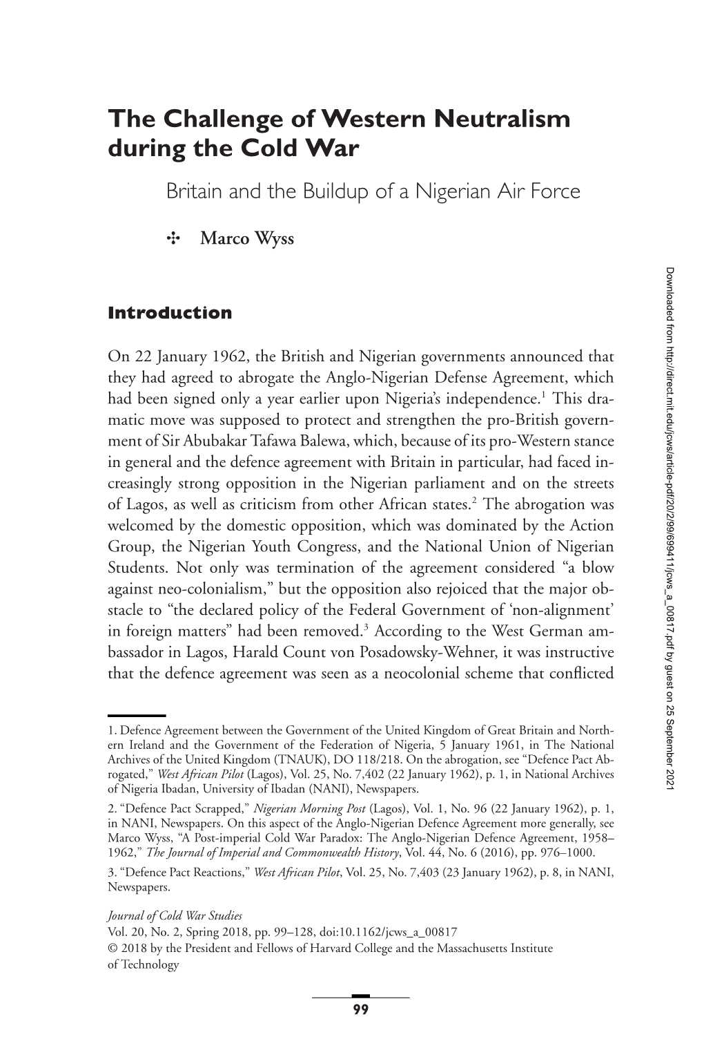 The Challenge of Western Neutralism During the Cold War Britain and the Buildup of a Nigerian Air Force