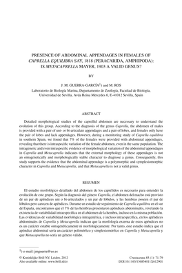 Presence of Abdominal Appendages in Females of Caprella Equilibra Say, 1818 (Peracarida, Amphipoda): Is Metacaprella Mayer, 1903 a Valid Genus?