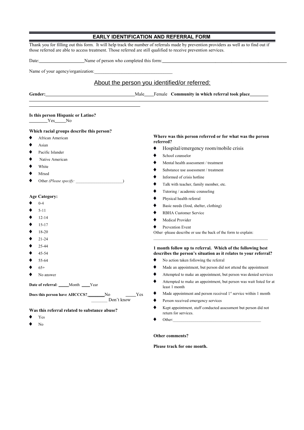 Early Identification and Referral Form