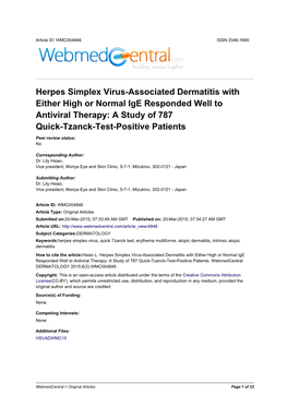 Herpes Simplex Virus-Associated Dermatitis with Either High Or Normal Ige Responded Well to Antiviral Therapy: a Study of 787 Quick-Tzanck-Test-Positive Patients