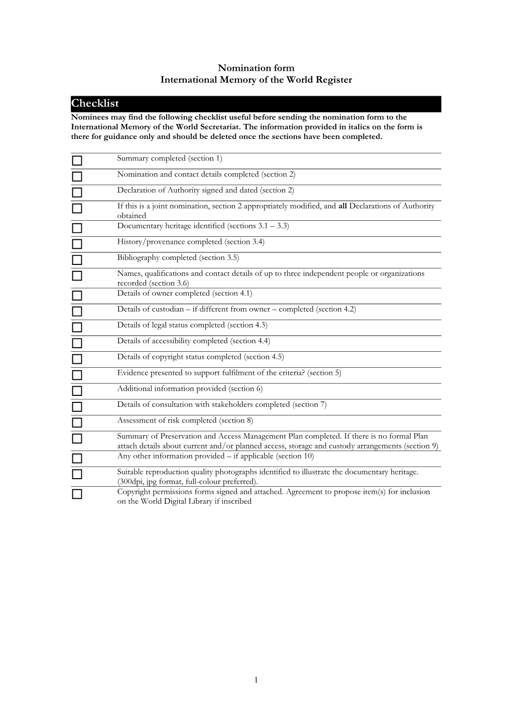 Nomination Form International Memory of the World Register