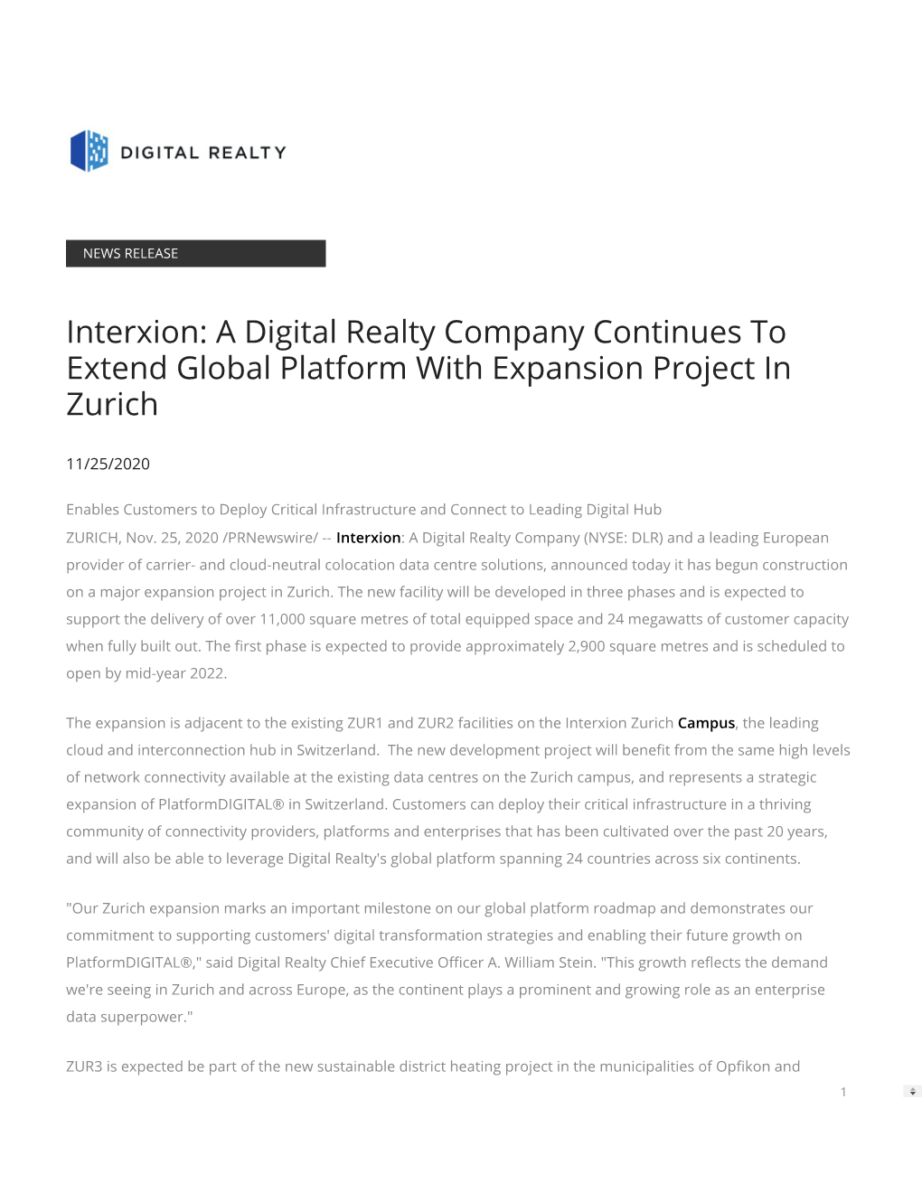 Interxion: a Digital Realty Company Continues to Extend Global Platform with Expansion Project in Zurich