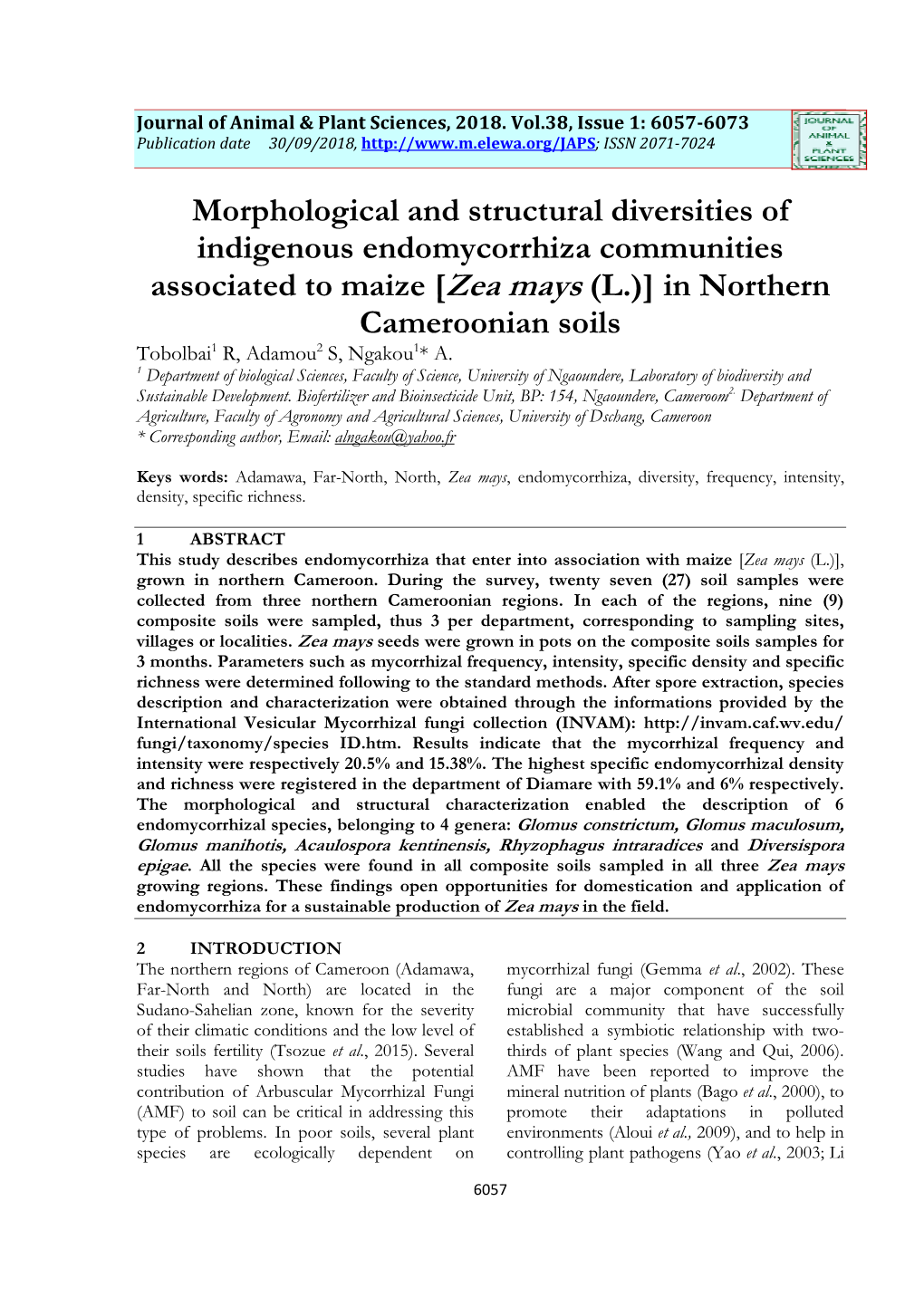 Morphological and Structural Diversities of Indigenous Endomycorrhiza Communities Associated to Maize [Zea Mays (L.)] in Norther