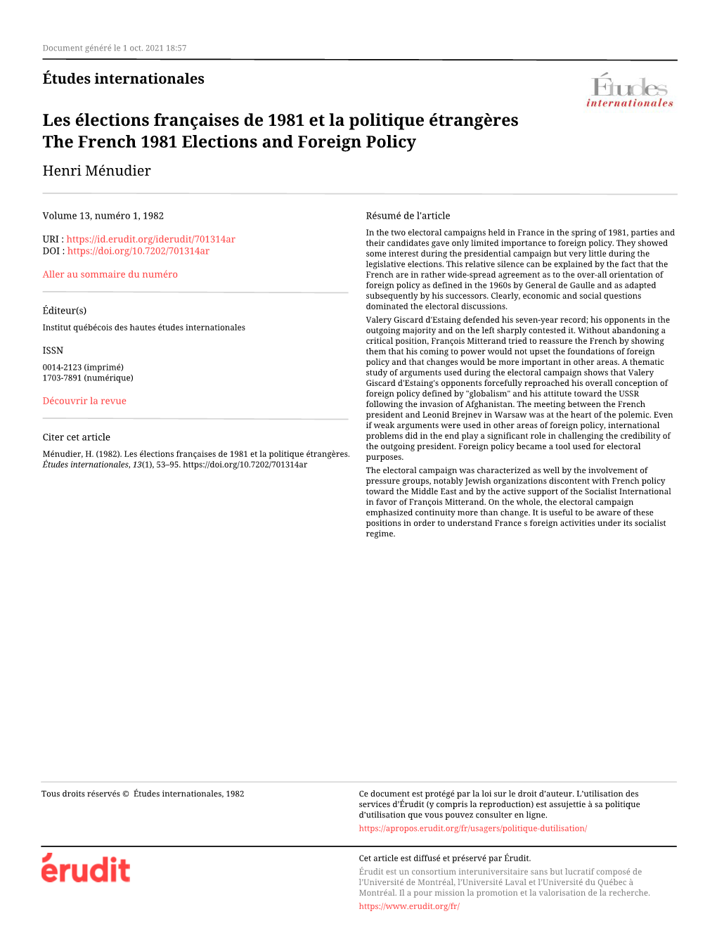 Les Élections Françaises De 1981 Et La Politique Étrangères the French 1981 Elections and Foreign Policy Henri Ménudier