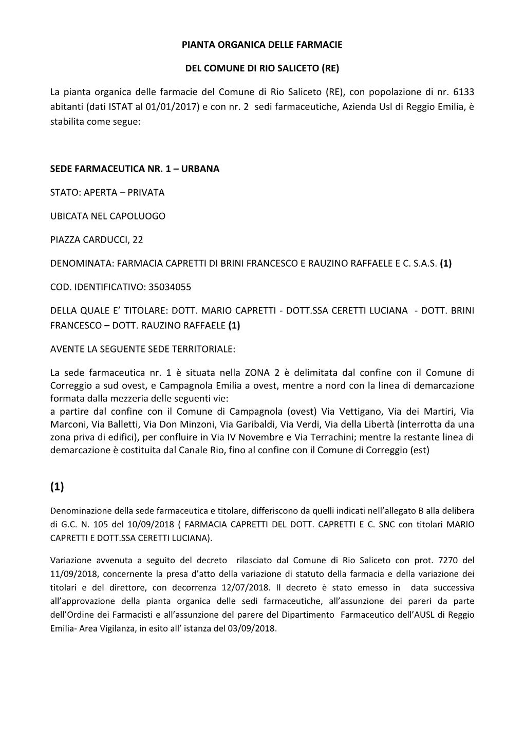 La Pianta Organica Delle Farmacie Del Comune Di Rio Saliceto (RE), Con Popolazione Di Nr