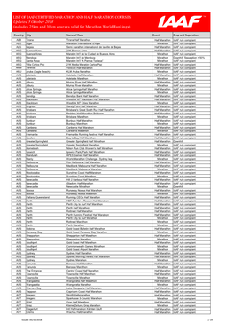 LIST of IAAF CERTIFIED MARATHON and HALF MARATHON COURSES Updated 5 October 2018 (Includes 25Km and 30Km Courses Valid for Marathon World Rankings)