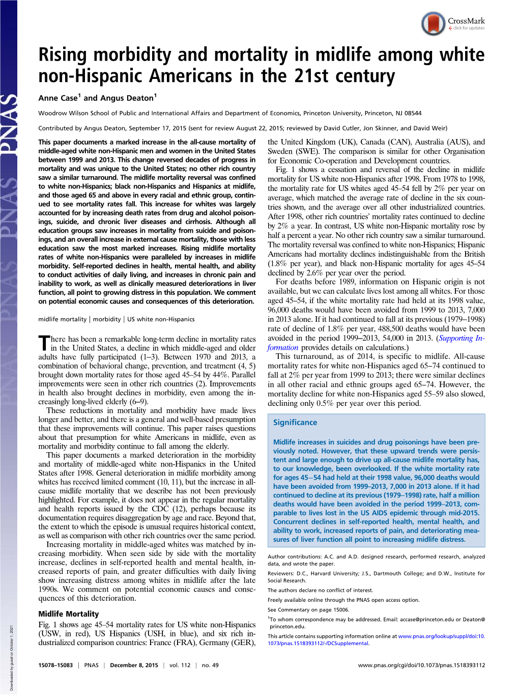 Rising Morbidity and Mortality in Midlife Among White Non-Hispanic Americans in the 21St Century