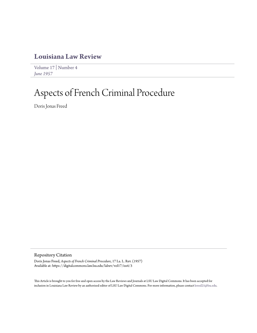 Aspects of French Criminal Procedure Doris Jonas Freed