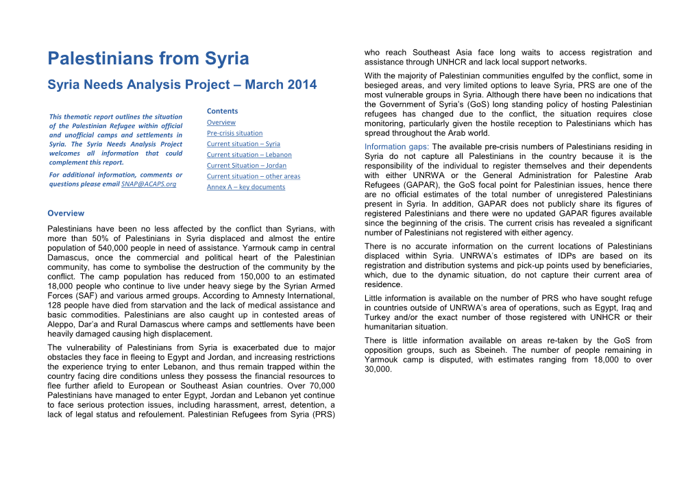 Palestinians from Syria Assistance Through UNHCR and Lack Local Support Networks