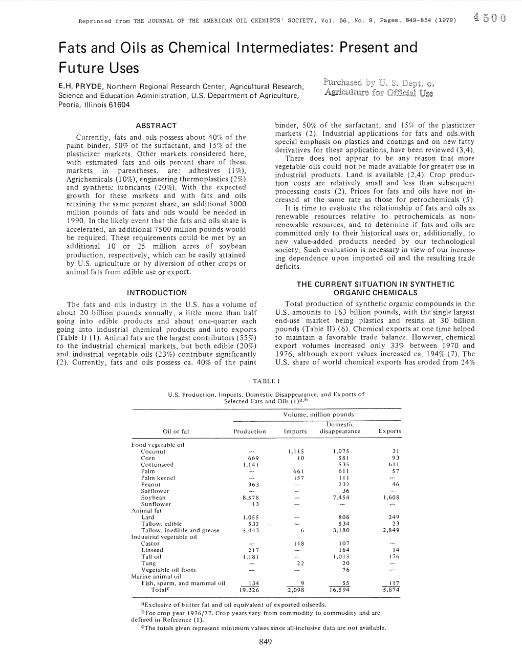 Fats and Oils As Chemical Intermediates: Present and Future Uses E.H