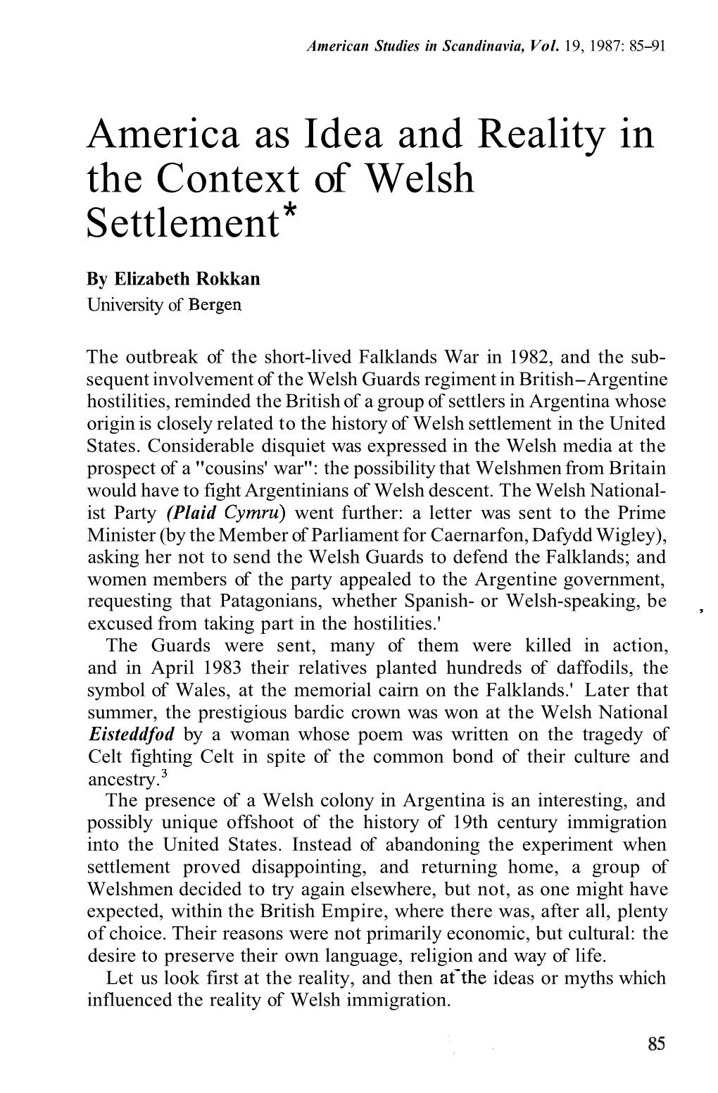 America As Idea and Reality in the Context of Welsh Settlement *