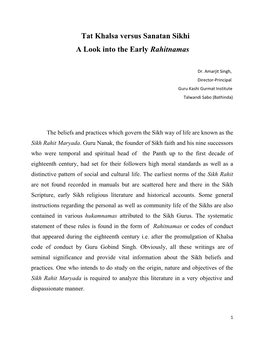 Tat Khalsa Versus Sanatan Sikhi a Look Into the Early Rahitnamas