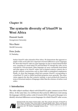 The Syntactic Diversity of Sauxov in West Africa Hannah Sande Georgetown University Nico Baier Mcgill University Peter Jenks UC Berkeley