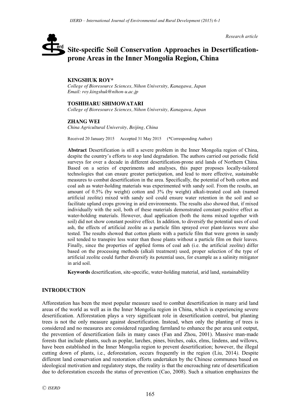 Site-Specific Soil Conservation Approaches in Desertification- Prone Areas in the Inner Mongolia Region, China