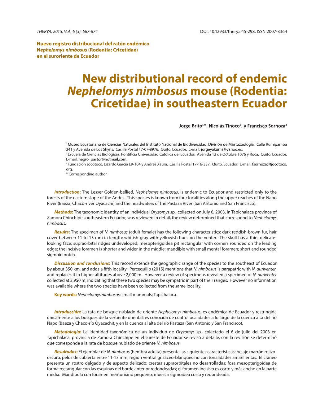 New Distributional Record of Endemic Nephelomys Nimbosus Mouse (Rodentia: Cricetidae) in Southeastern Ecuador