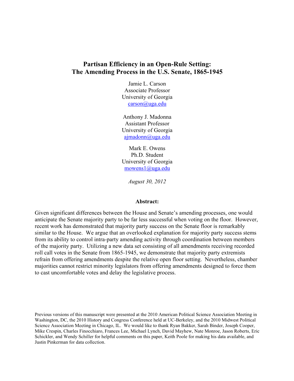 Partisan Efficiency in an Open-Rule Setting: the Amending Process in the U.S