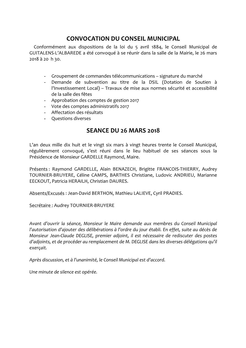 CONSEIL MUNICIPAL 26 Mars 2018