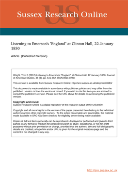 Listening to Emerson's "England" at Clinton Hall, 22 January 1850