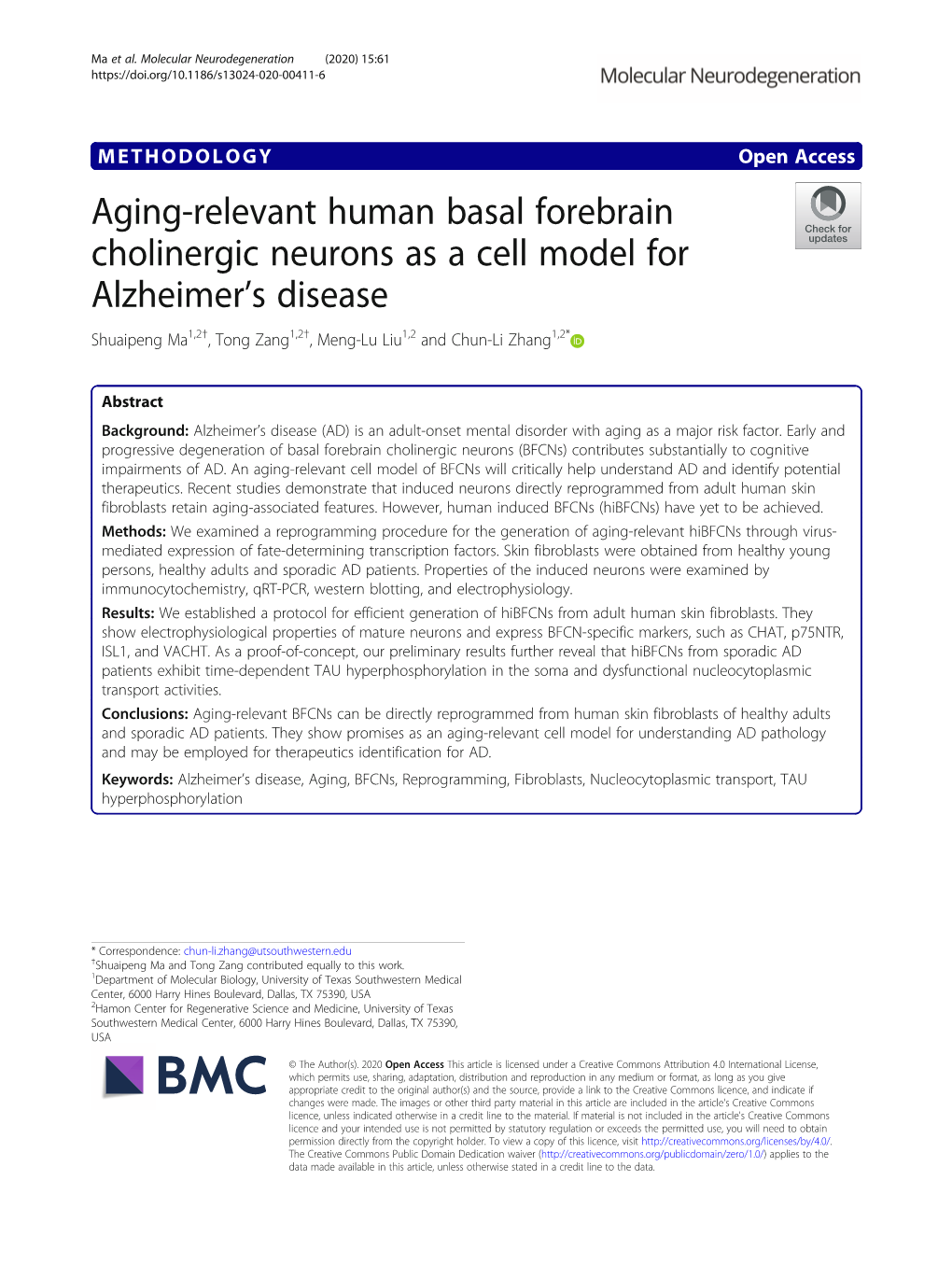 Aging-Relevant Human Basal Forebrain Cholinergic Neurons As a Cell Model for Alzheimer's Disease