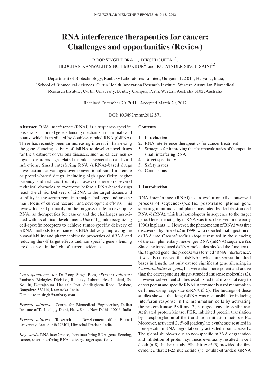 RNA Interference Therapeutics for Cancer: Challenges and Opportunities (Review)