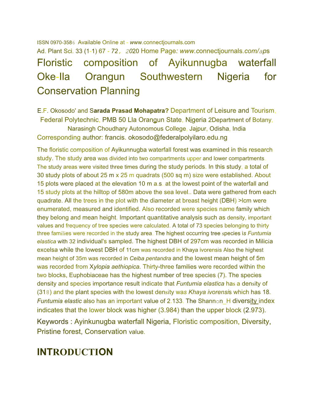 Floristic Composition of Ayikunnugba Waterfall Oke-Ila Orangun Southwestern Nigeria for Conservation Planning