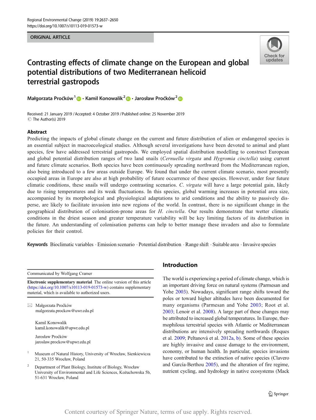 Contrasting Effects of Climate Change on the European and Global Potential Distributions of Two Mediterranean Helicoid Terrestrial Gastropods