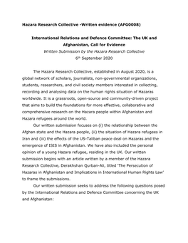 Hazara Research Collective -Written Evidence (AFG0008) International Relations and Defence Committee: the UK and Afghanistan, Ca