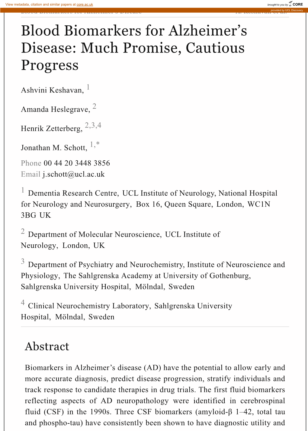 Blood Biomarkers for Alzheimer's Disease