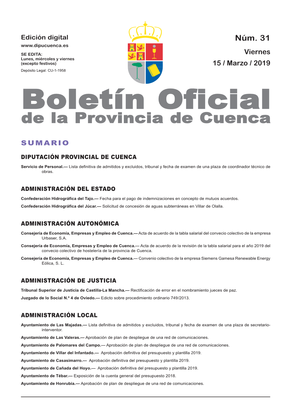 Boletín Oficial De La Provincia De Cuenca Sumario Diputación Provincial De Cuenca