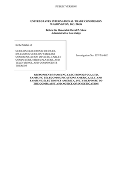 February 11, 2013 Samsung Response to Complaint/Notice of Investigation