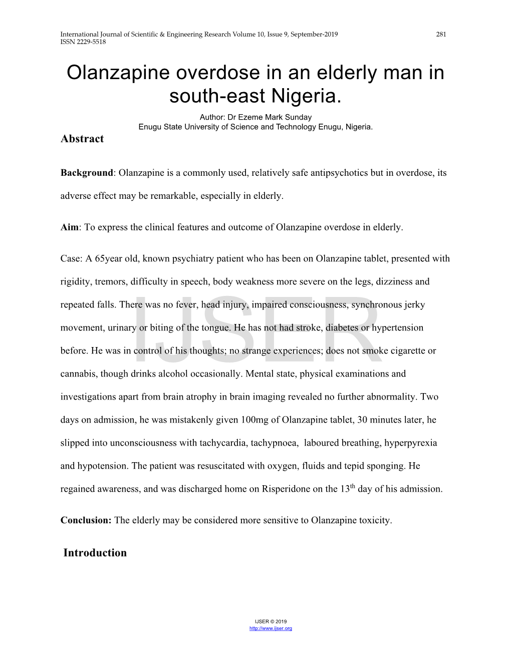 Olanzapine Overdose in an Elderly Man in South-East Nigeria