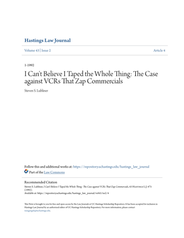 The Case Against Vcrs That Zap Commercials, 43 Hastings L.J