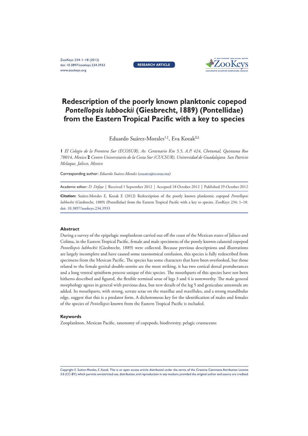 Redescription of the Poorly Known Planktonic Copepod Pontellopsis Lubbockii (Giesbrecht, 1889) (Pontellidae) from the Eastern Tropical Pacific with a Key to Species