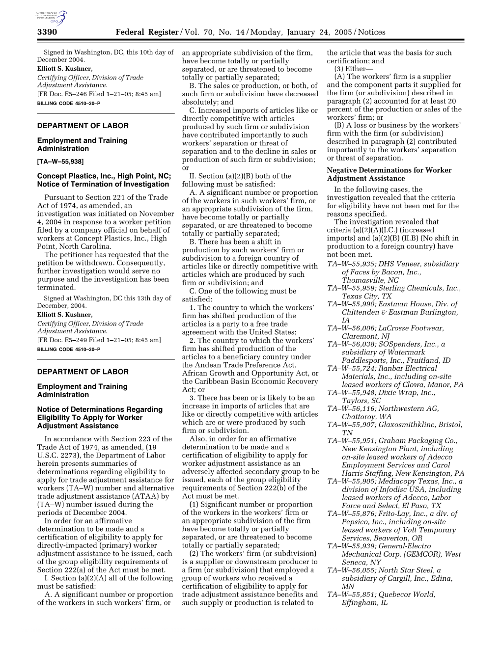 Federal Register/Vol. 70, No. 14/Monday, January 24, 2005/Notices