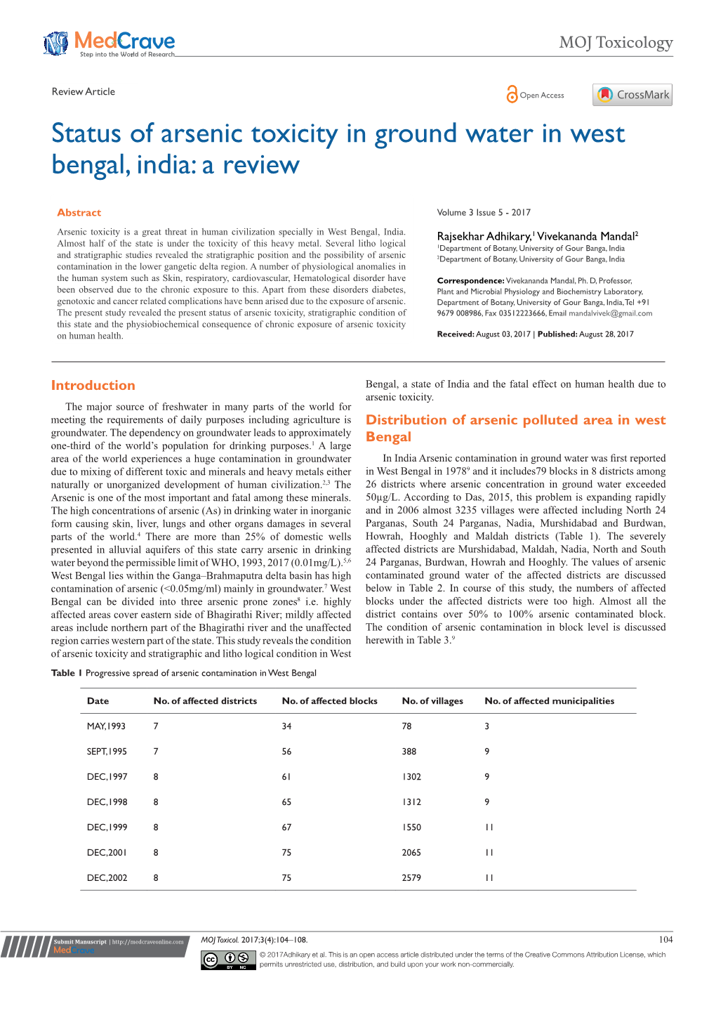 Status of Arsenic Toxicity in Ground Water in West Bengal, India: a Review