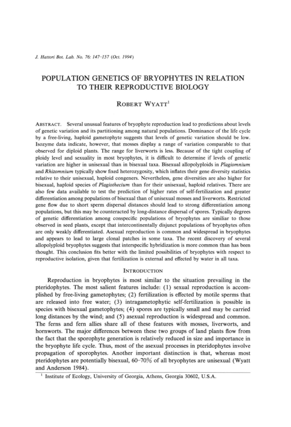 Population Genetics of Bryophytes in Relation to Their Reproductive Biology