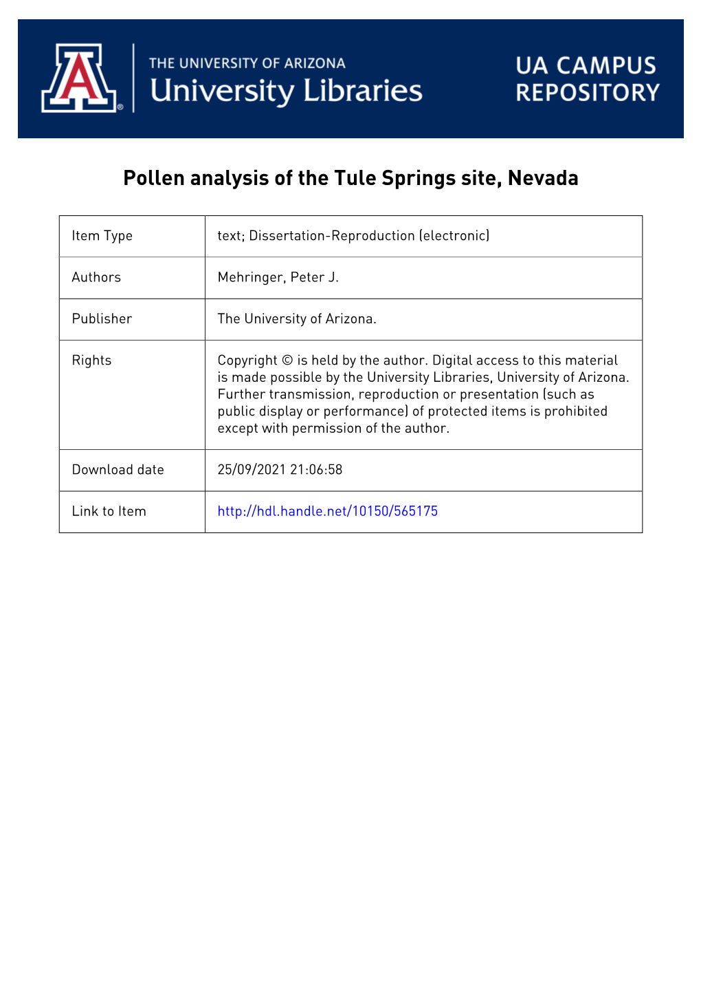 Pollen Analysis of the Tule Springs Site, Nevada