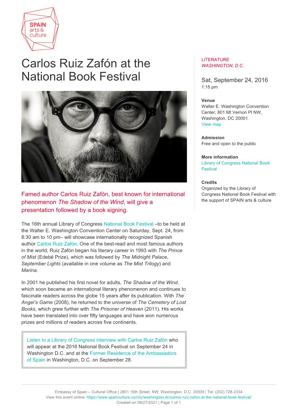 Carlos Ruiz Zafón at the National Book Festival