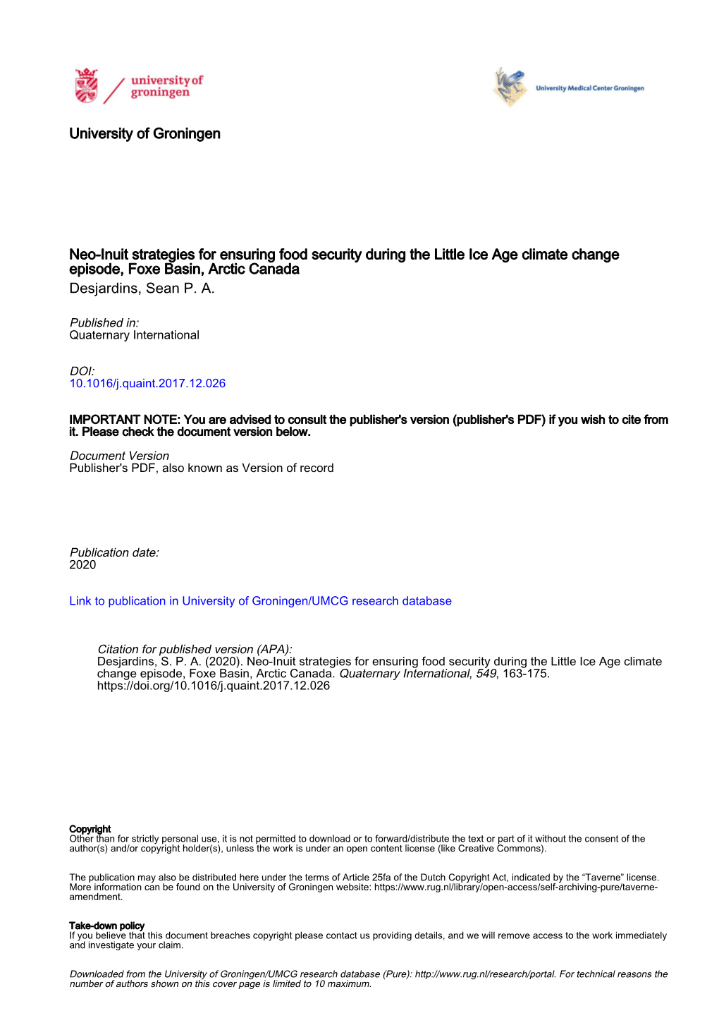 Neo-Inuit Strategies for Ensuring Food Security During the Little Ice Age Climate Change Episode, Foxe Basin, Arctic Canada Desjardins, Sean P