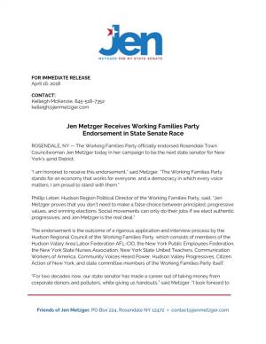 Jen Metzger Receives Working Families Party Endorsement in State Senate Race