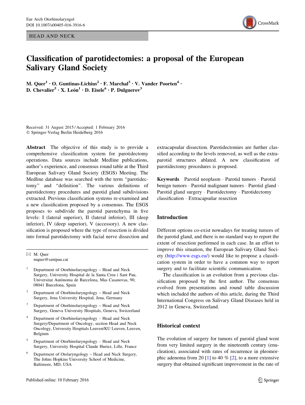 Classification of Parotidectomies: a Proposal of the European Salivary