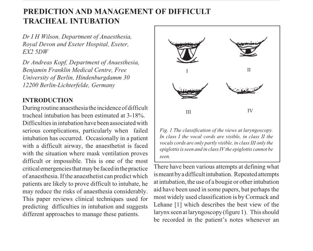 Prediction and Management of Difficult Tracheal Intubation