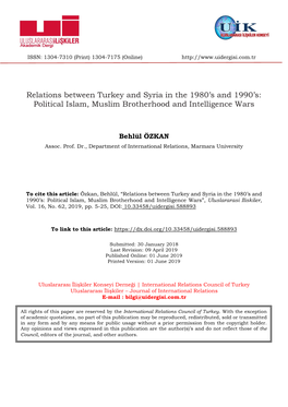 Relations Between Turkey and Syria in the 1980'S and 1990'S