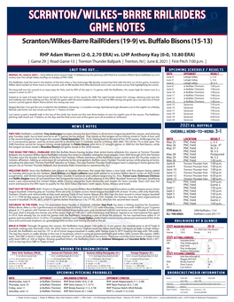 Scranton/Wilkes-Barre Railriders Game Notes Scranton/Wilkes-Barre Railriders (19-9) Vs