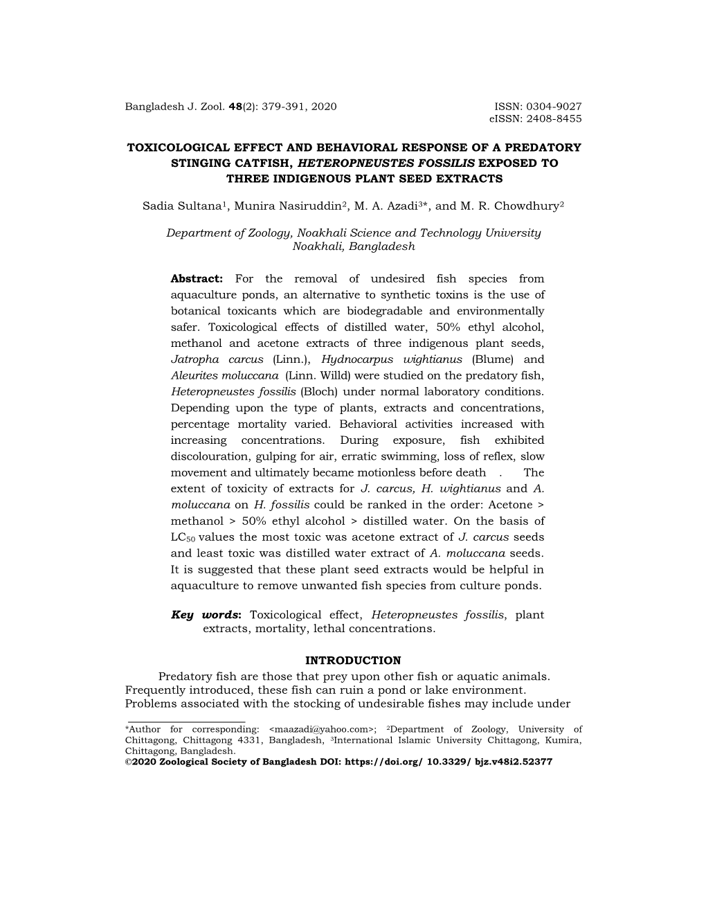 Toxicological Effect and Behavioral Response of a Predatory Stinging Catfish, Heteropneustes Fossilis Exposed to Three Indigenous Plant Seed Extracts