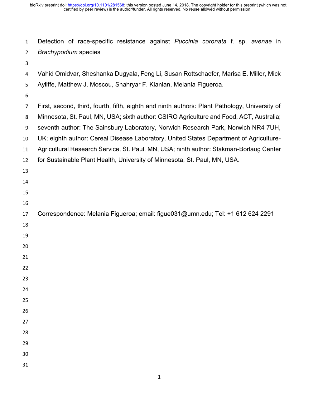 Detection of Race-Specific Resistance Against Puccinia Coronata F. Sp