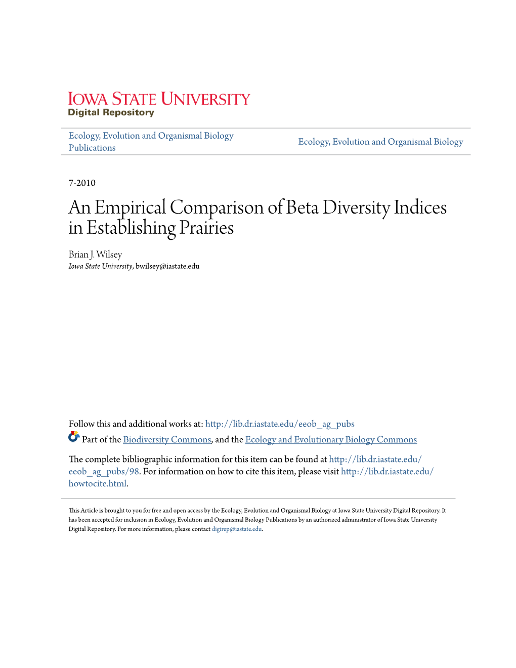 An Empirical Comparison of Beta Diversity Indices in Establishing Prairies Brian J