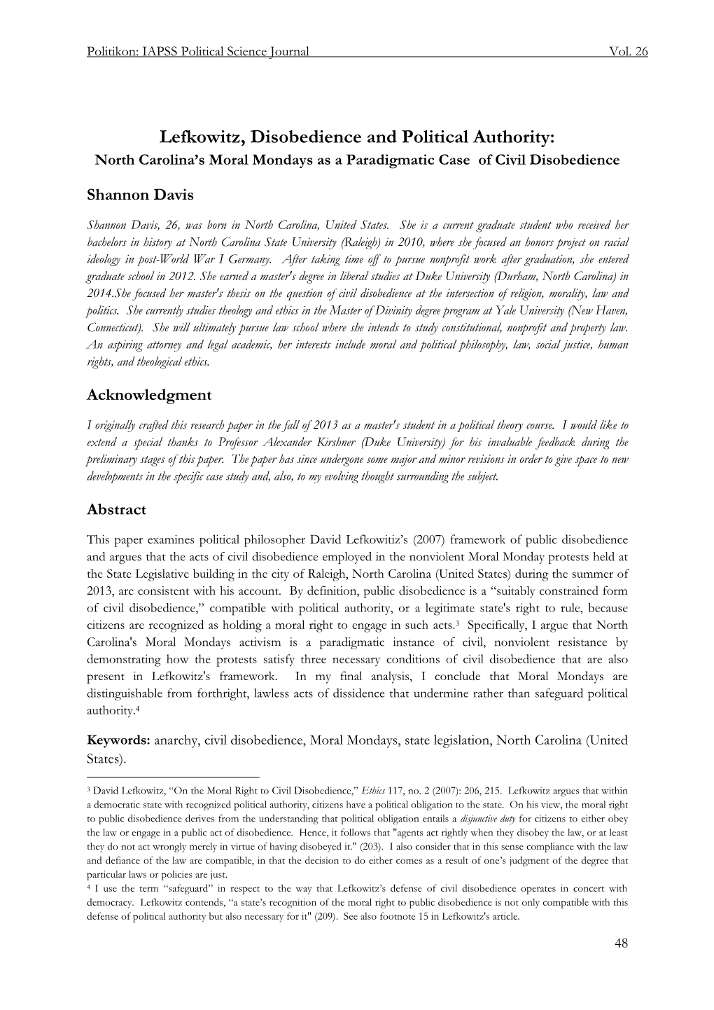 Lefkowitz, Disobedience and Political Authority: North Carolina’S Moral Mondays As a Paradigmatic Case of Civil Disobedience