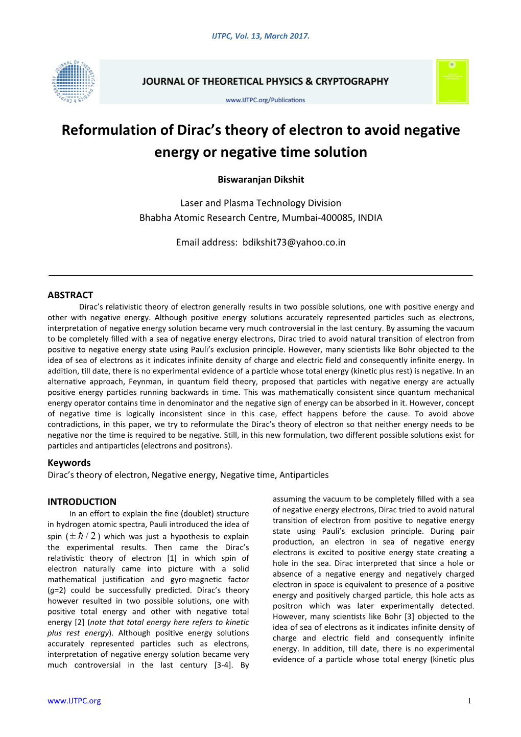 Reformulation of Dirac's Theory of Electron to Avoid Negative Energy Or